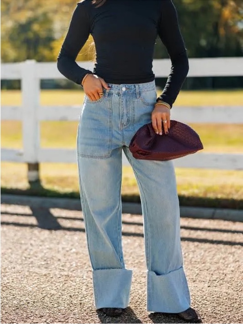 Le Lis Light Blue High-Rise Wide-Leg Jeans with Cuffed Hem